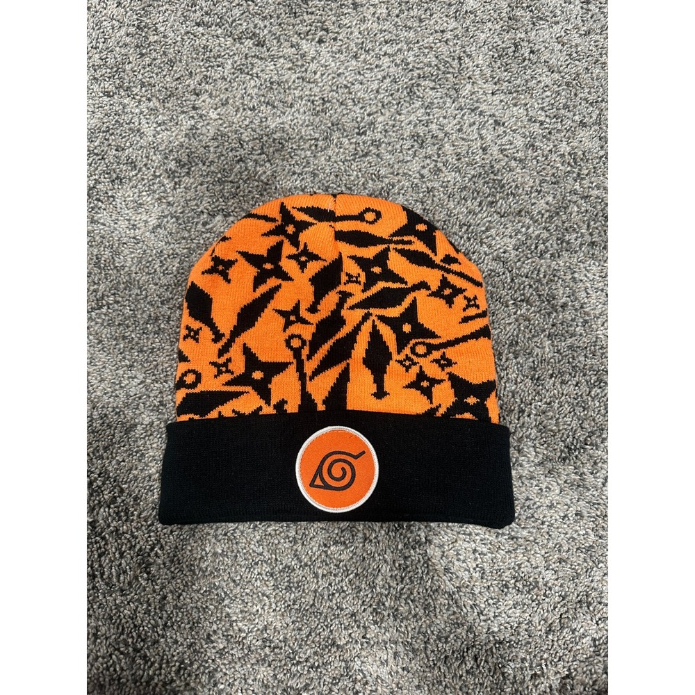 Naruto Shippuden Beanie Hidden Leaf Village Kunai Shuriken Print Orange Black